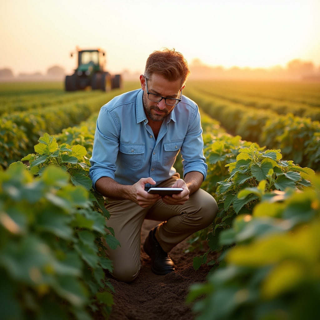 Modern agricultural field with technology integration showing crops and farming equipment