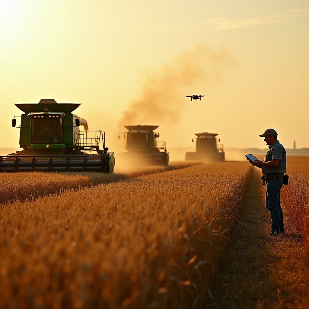Large-scale grain harvest operations with combines working in soybean fields