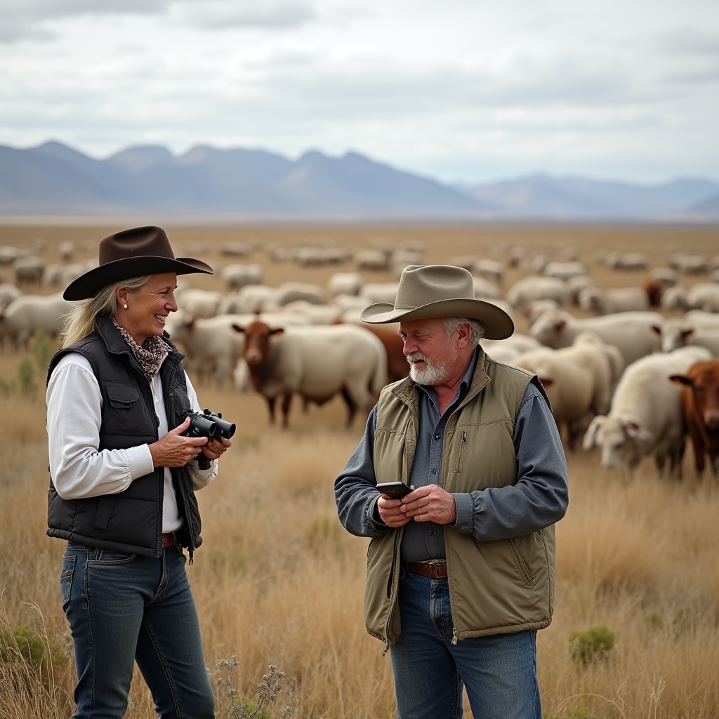 Patagonian livestock grazing landscape with sheep and cattle in expansive grasslands