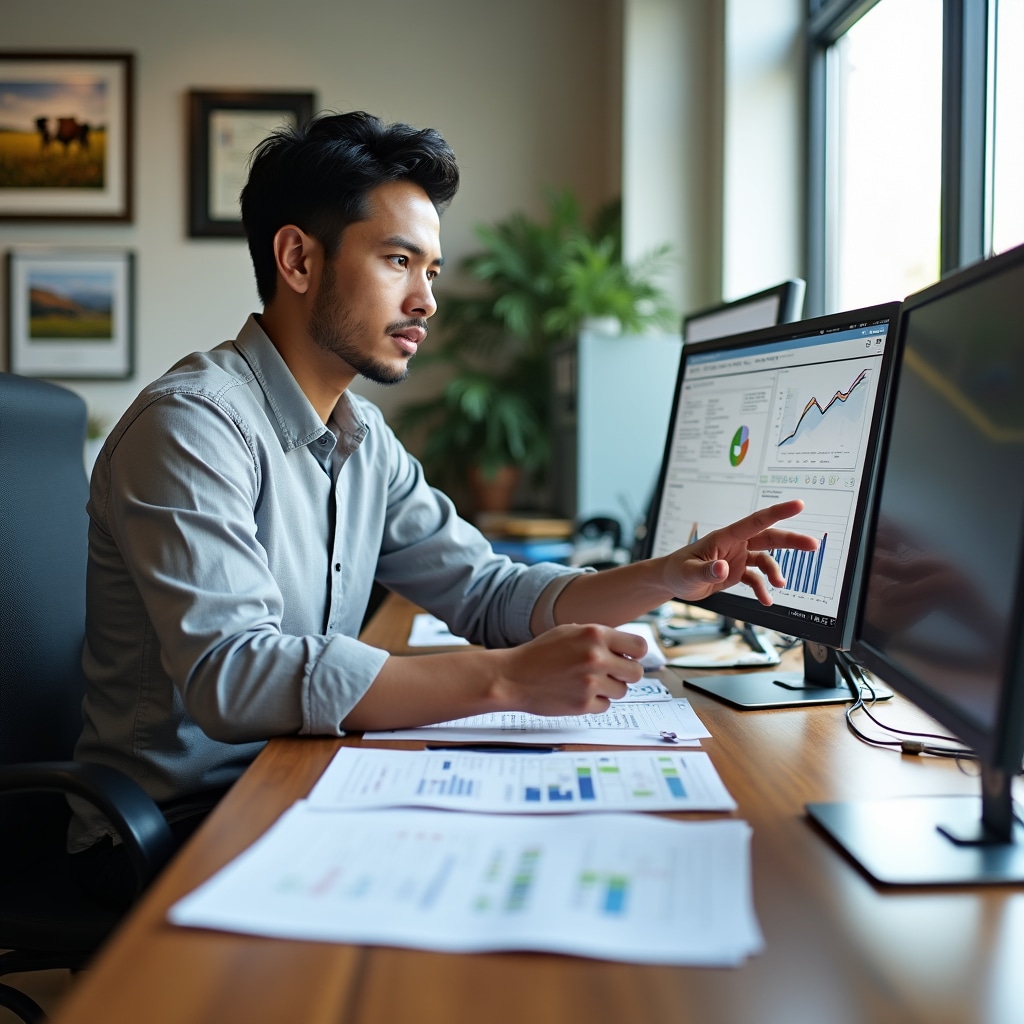 Agricultural analyst reviewing crop data and financial documentation